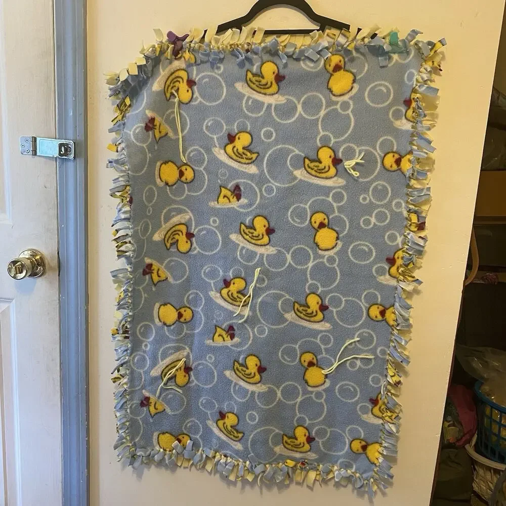 VTG Blue Yellow Duckling Flannel Unisex Baby Blanket Mat Fringes Novelty Nature